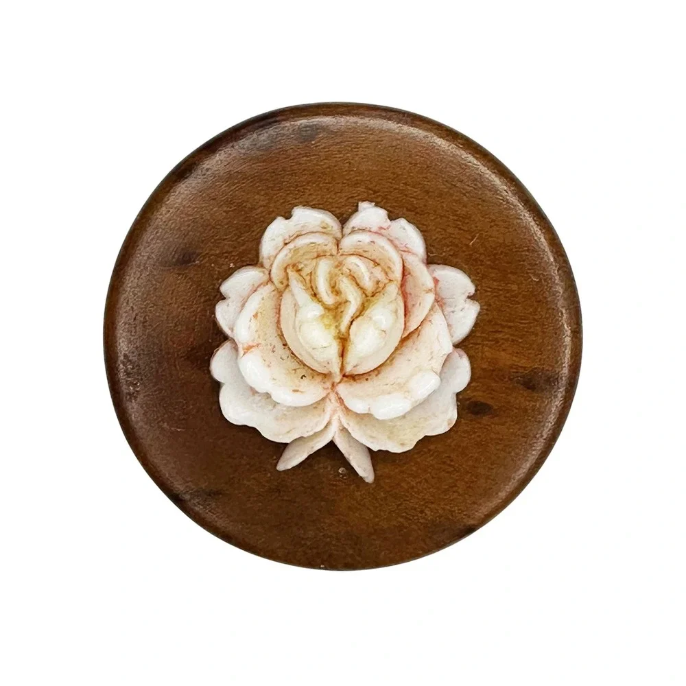 VINTAGE Retro Wood & Resin Rose Brooch • cream, pink, brown